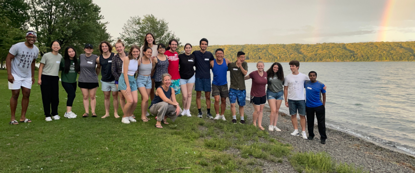group of students near lake