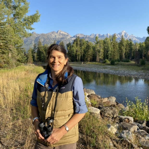 a photograph of a woman standing in a mountainous landscape.