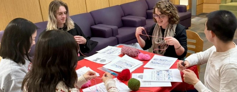 Five people are seated around a table participating in a knitting activity. The table is covered with a red cloth and holds several colorful balls of yarn—pink, red, and green—along with knitting needles and printed instructions or patterns. In the background, a purple couch sits against a wooden wall.