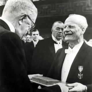 Hans Bethe, professor of physics (PHYS) receives the 1967 Nobel Prize in Physics from the King of Sweden.